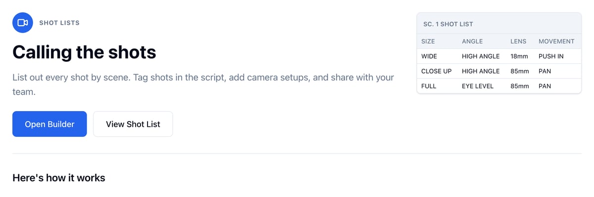 Calling the shots, with Open Builder and View Shot List