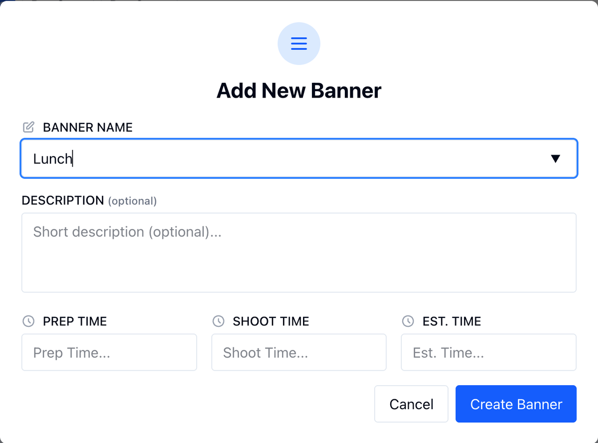 The Add New Banner window with Lunch typed as the banner name