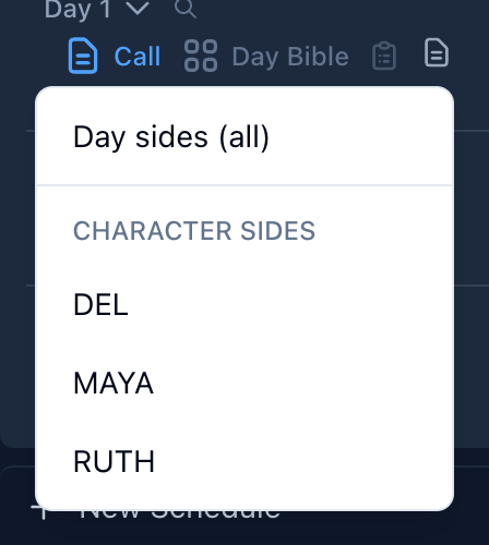 The Day sides menu for Day 1: Day sides (all), then character sides for DEL, MAYA, and RUTH