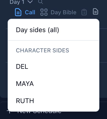 The Day sides menu for Day 1: Day sides (all), then character sides for DEL, MAYA, and RUTH