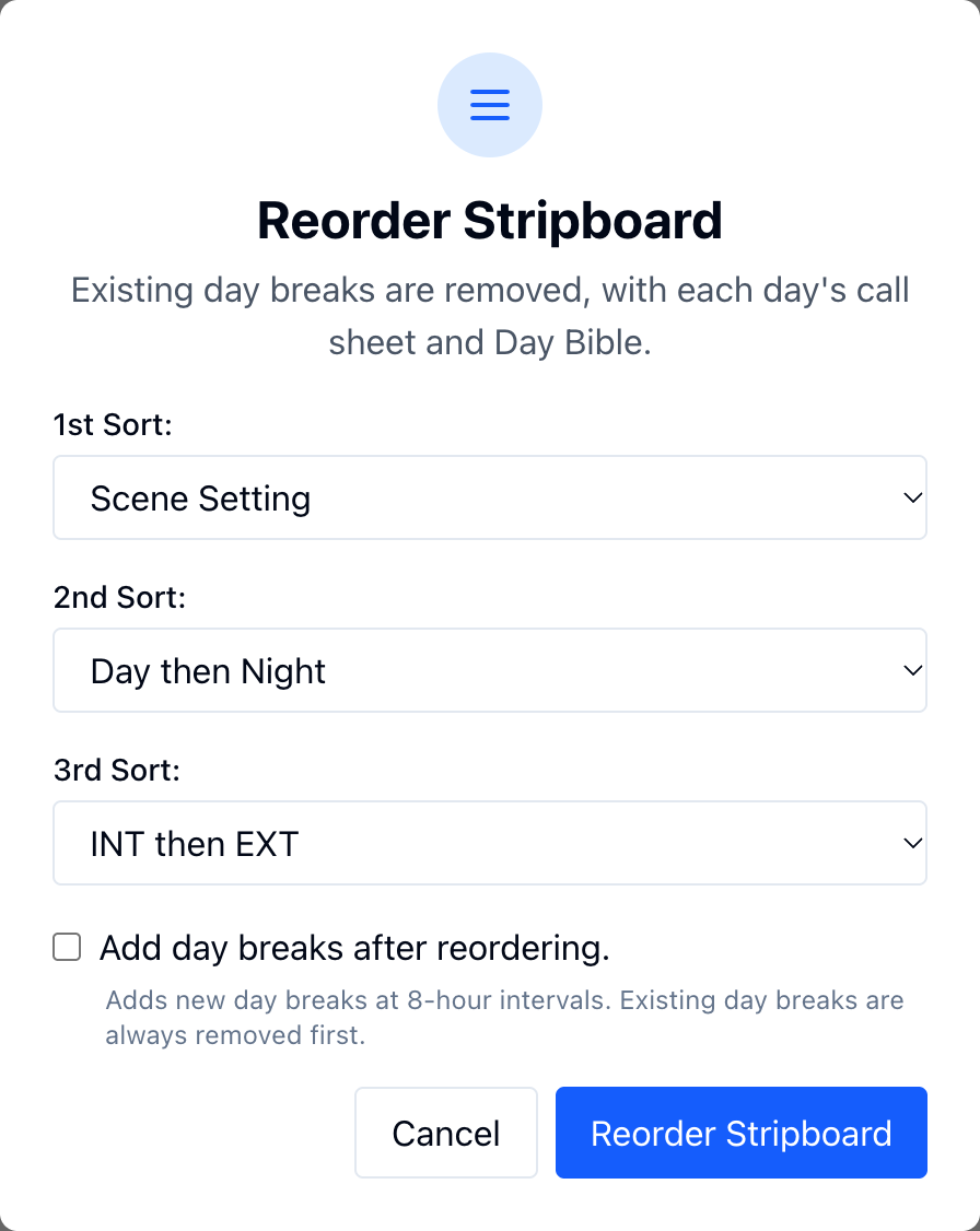 The Reorder Stripboard window with Scene Setting, Day then Night, and INT then EXT as the three sorts
