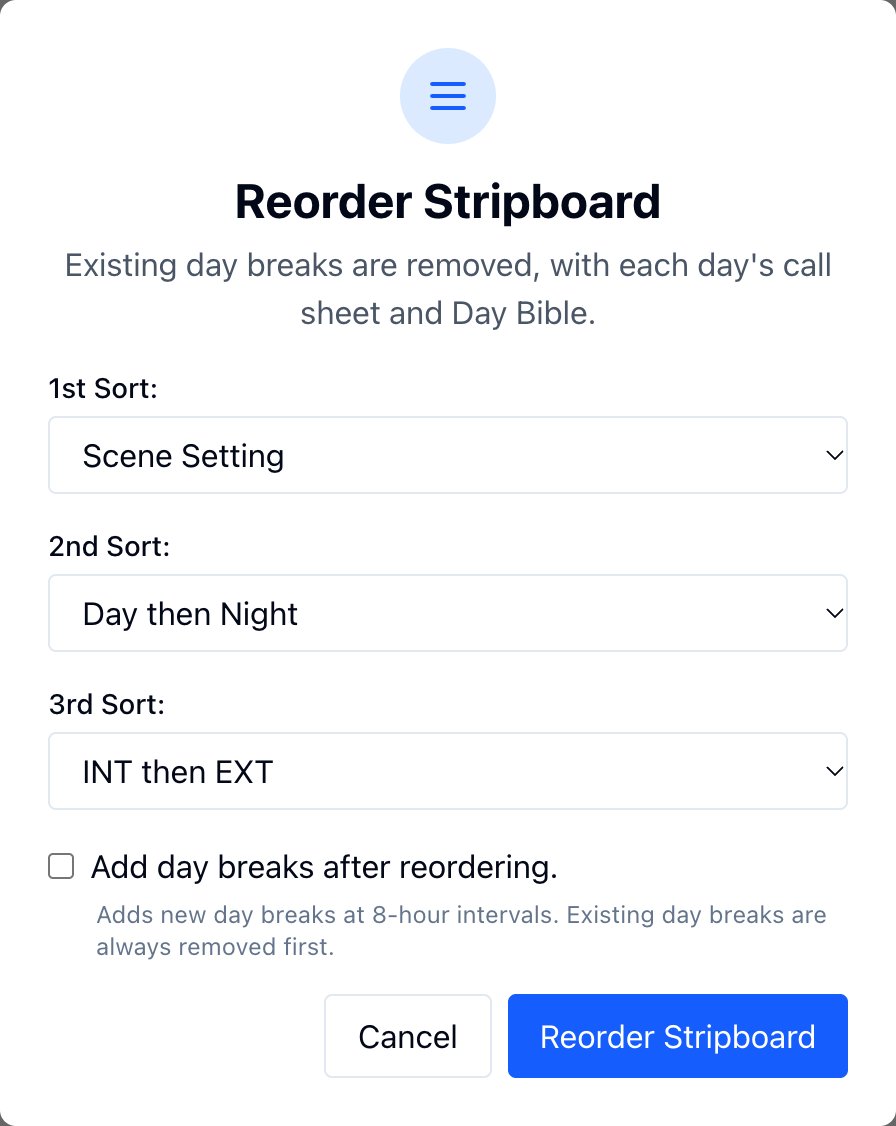 The Reorder Stripboard window with Scene Setting, Day then Night, and INT then EXT as the three sorts