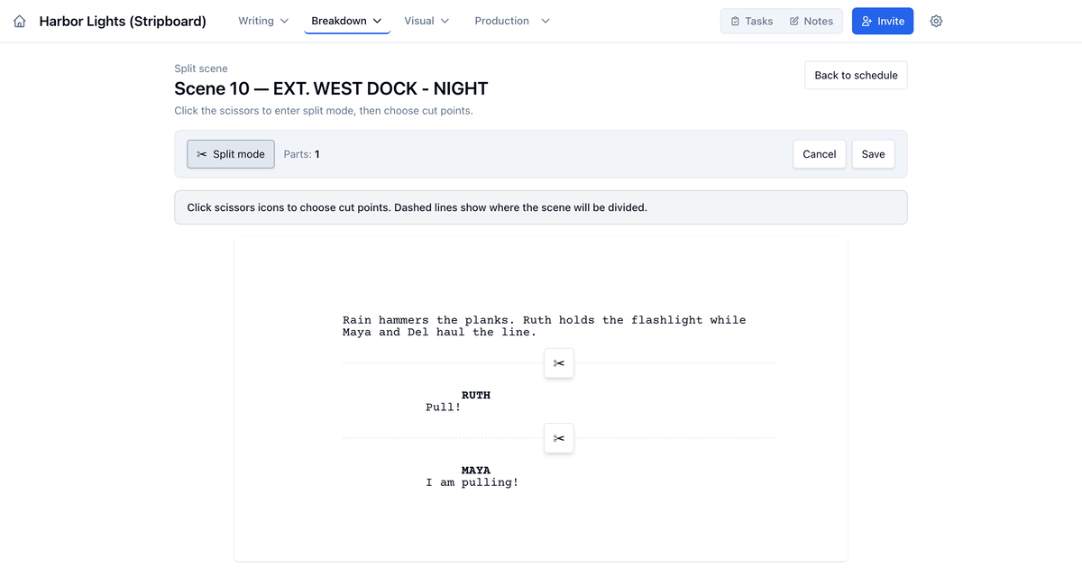 Splitting the night dock scene after the first line of action: Split mode, the cut marked Scene 10B, then 10A and 10B on the board