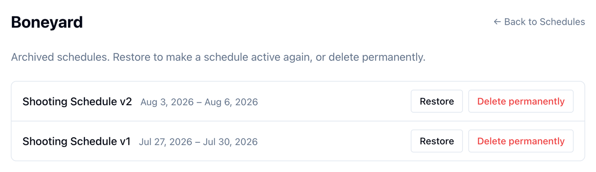 The Boneyard with Shooting Schedule v2 and v1, each with Restore and Delete permanently