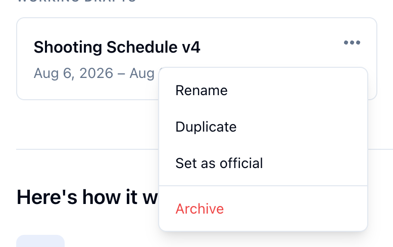 The menu on Shooting Schedule v4: Rename, Duplicate, Set as official, and Archive