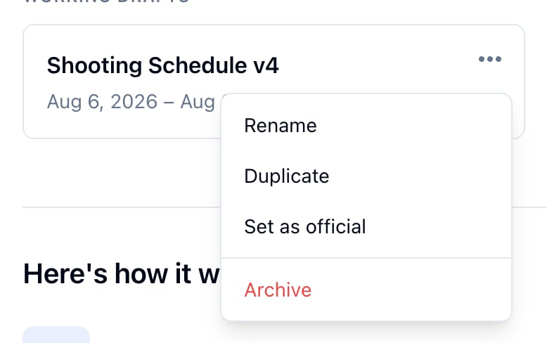 The menu on Shooting Schedule v4: Rename, Duplicate, Set as official, and Archive