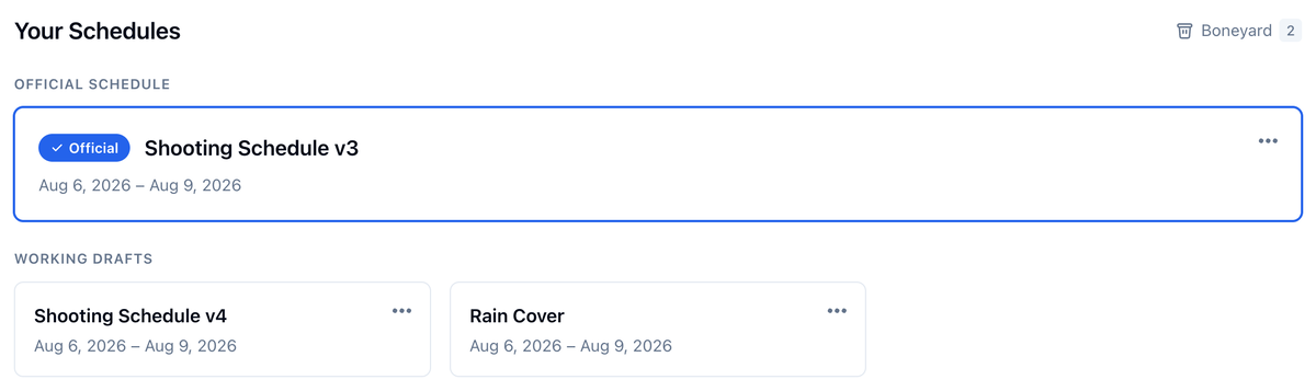 The schedules page: Shooting Schedule v3 marked Official, Shooting Schedule v4 and Rain Cover under Working Drafts, and the Boneyard link with 2 archived schedules