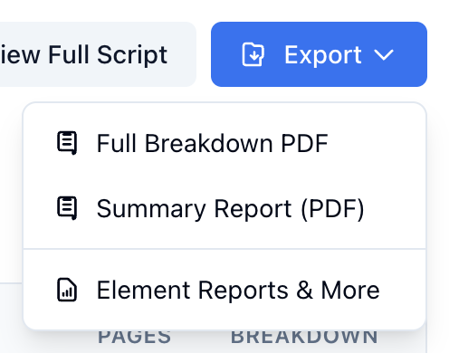 The Export menu on the breakdown table: Full Breakdown PDF, Summary Report (PDF), and Element Reports & More