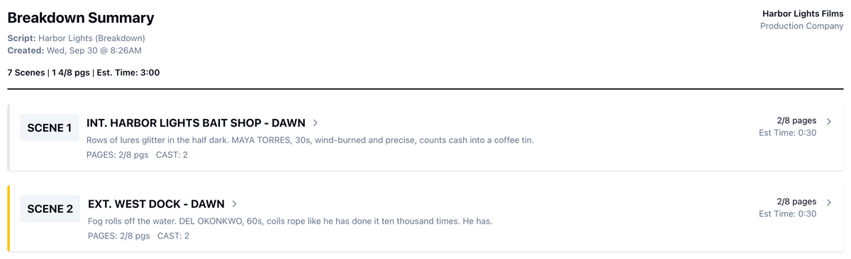The Breakdown Summary: the totals in the header and a card per scene
