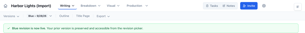 Blue revision is now live, with the Blue – 9/28/26 badge next to Versions