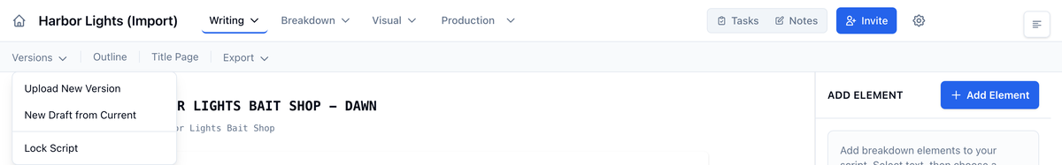The Versions menu open under the project nav, with Upload New Version, New Draft from Current, and Lock Script