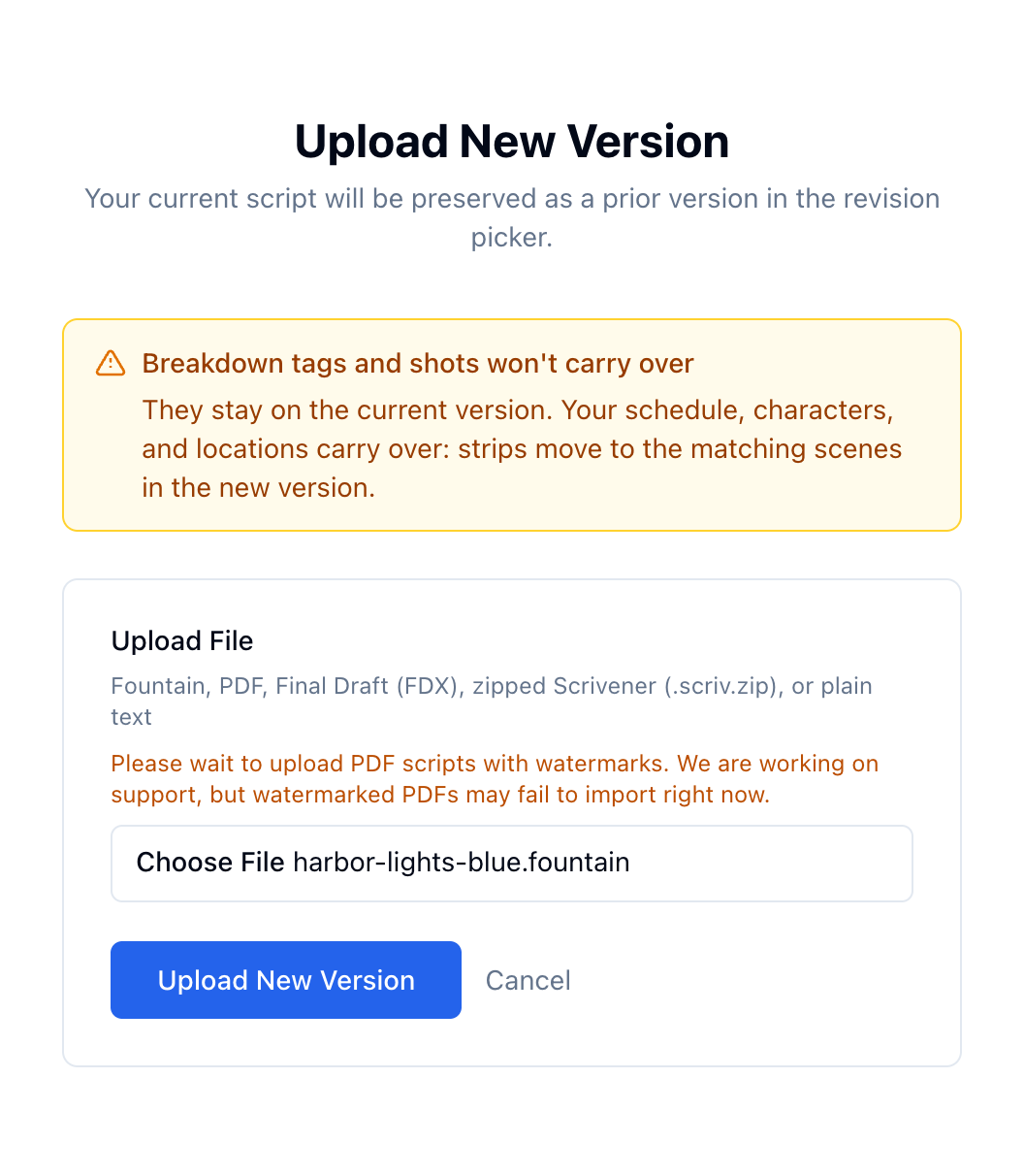 The Upload New Version page with harbor-lights-blue.fountain chosen, under the note that breakdown tags and shots won't carry over