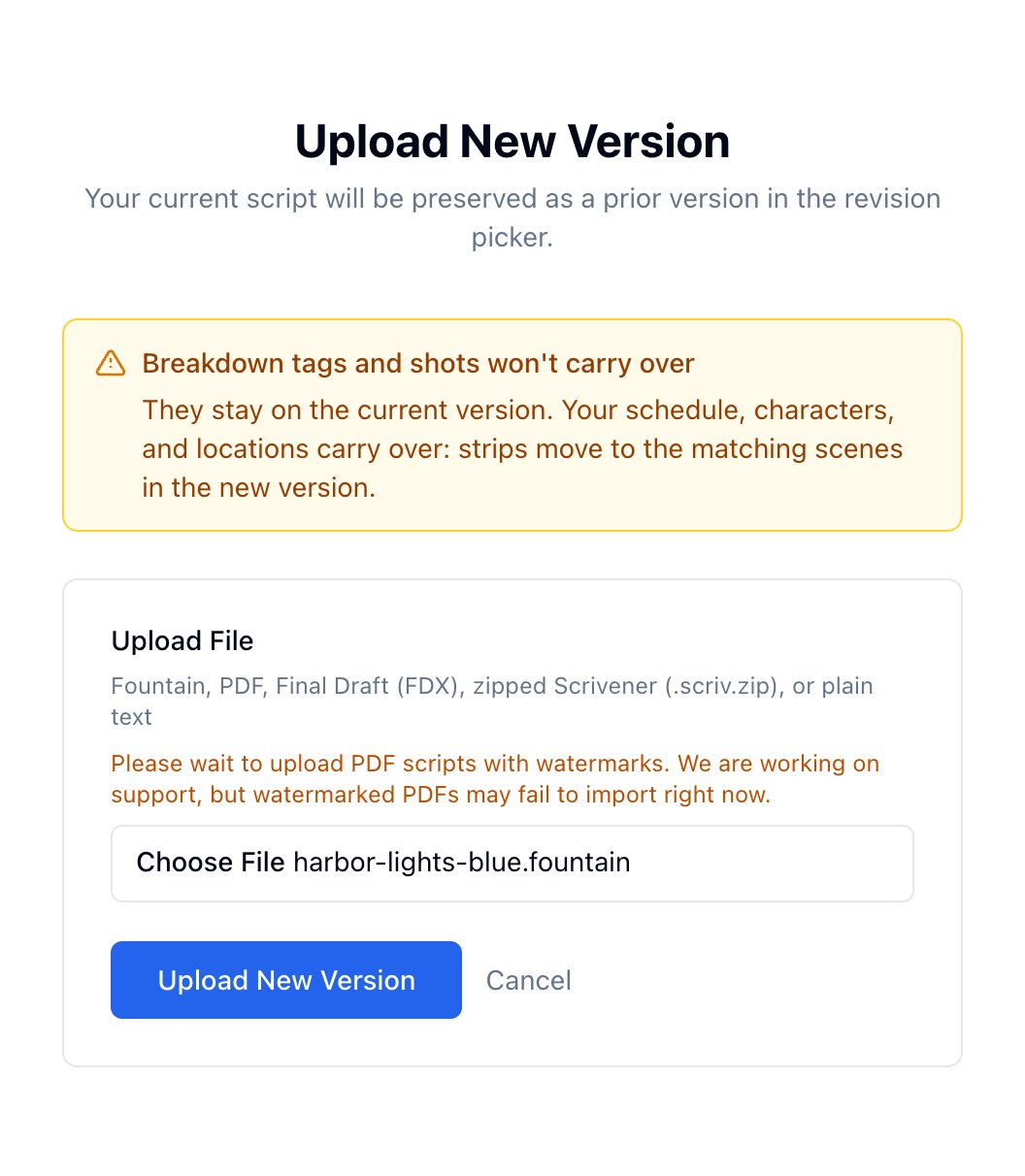 The Upload New Version page with harbor-lights-blue.fountain chosen, under the note that breakdown tags and shots won't carry over