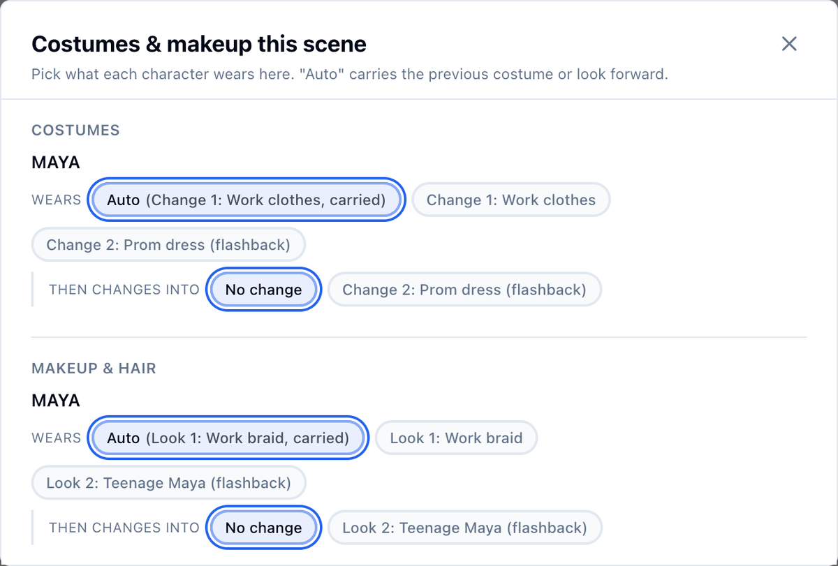 The scene after Maya's prom flashback: Auto carries Change 1: Work clothes and Look 1: Work braid back in, and the prom dress and Teenage Maya are marked (flashback)