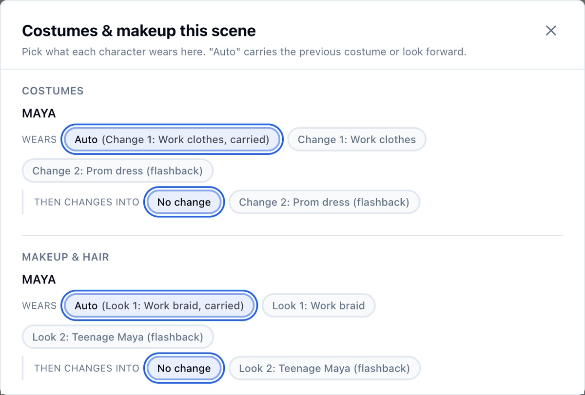 The scene after Maya's prom flashback: Auto carries Change 1: Work clothes and Look 1: Work braid back in, and the prom dress and Teenage Maya are marked (flashback)
