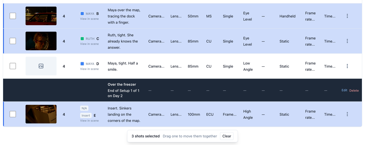 Three shots picked on a scene's list, the setup marker between them left alone, and the bar reading 3 shots selected with Clear