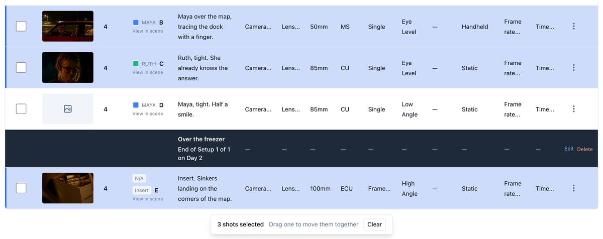 Three shots picked on a scene's list, the setup marker between them left alone, and the bar reading 3 shots selected with Clear