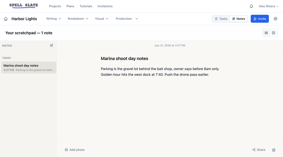 An open note with the notes list beside it and the note actions along the bottom