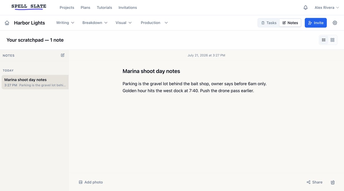 An open note with the notes list beside it and the note actions along the bottom