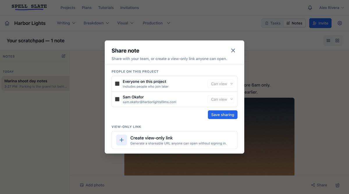The Share note window with the project roster, per-person permissions, and the view-only link