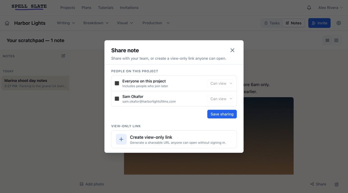 The Share note window with the project roster, per-person permissions, and the view-only link