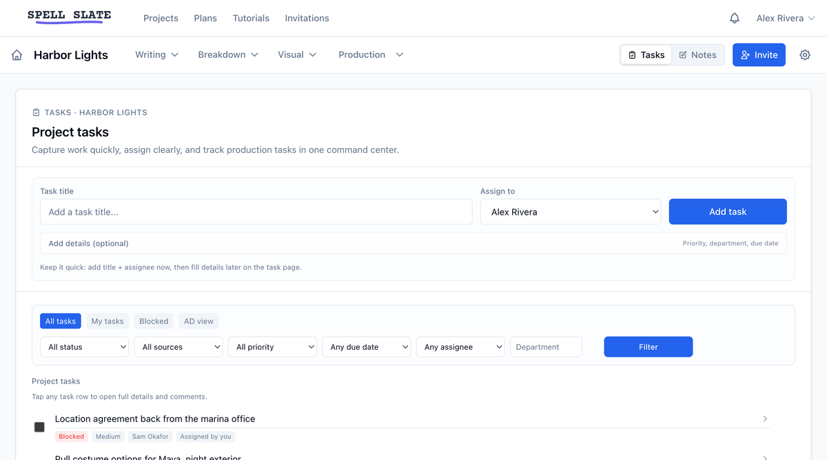 The project tasks page with the add-task form, saved views, and the task list