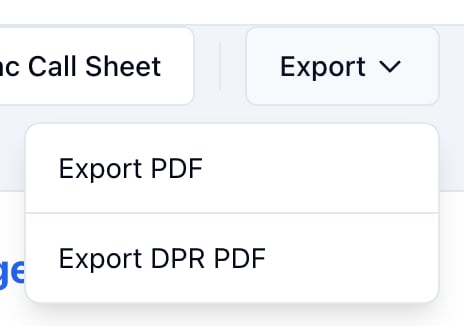A call sheet's Export menu: Export PDF and Export DPR PDF