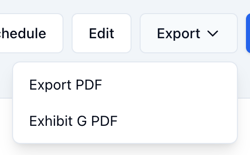 The DPR page's Export menu: Export PDF and Exhibit G PDF