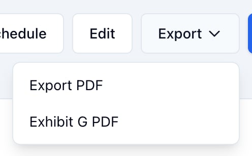The DPR page's Export menu: Export PDF and Exhibit G PDF