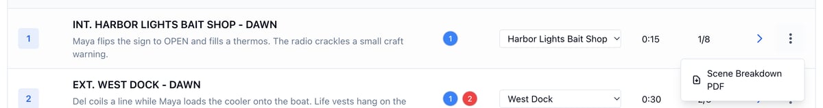 A scene row on the breakdown table with its three-dots menu open showing Scene Breakdown PDF