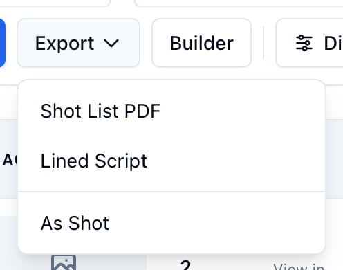 The shot list's Export menu for a scene: Shot List PDF, Lined Script, and As Shot