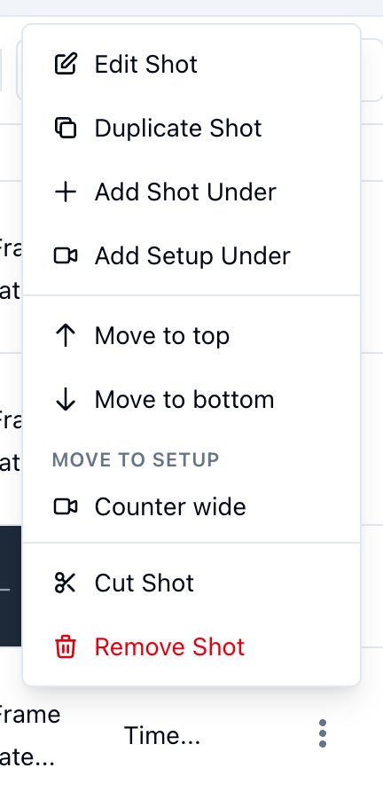 A day shot's row menu: Add Setup Under, Move to top, Move to bottom, and the Counter wide setup under Move to setup