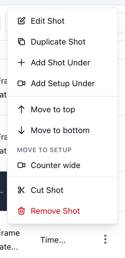 A day shot's row menu: Add Setup Under, Move to top, Move to bottom, and the Counter wide setup under Move to setup