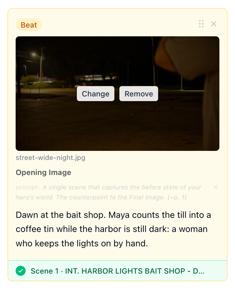 A beat card's image on hover, with Change and Remove over it and the file name below