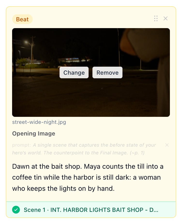 A beat card's image on hover, with Change and Remove over it and the file name below