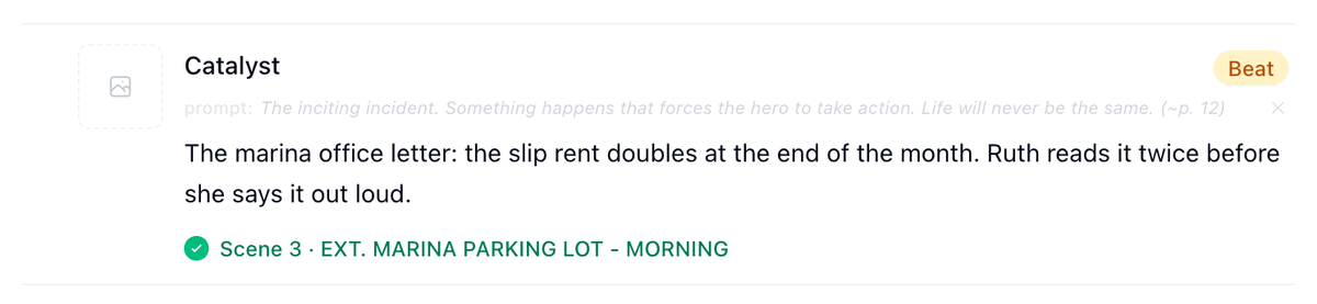 The Catalyst beat in the outline with a green footer reading Scene 3, EXT. MARINA PARKING LOT - MORNING