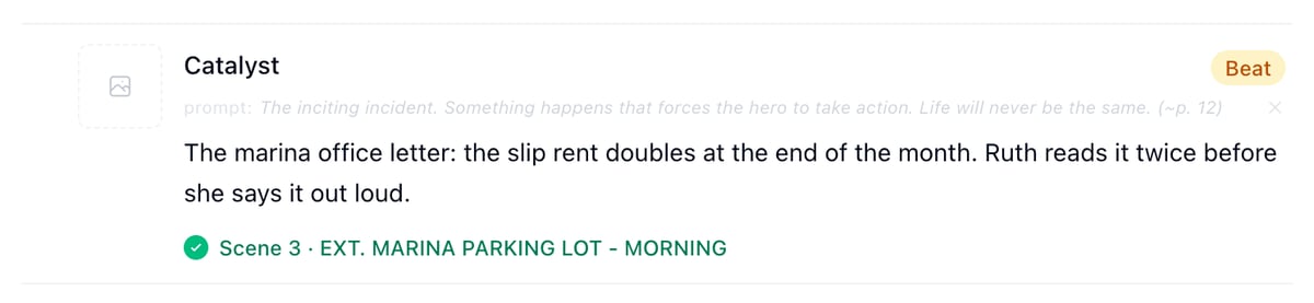 The Catalyst beat in the outline with a green footer reading Scene 3, EXT. MARINA PARKING LOT - MORNING