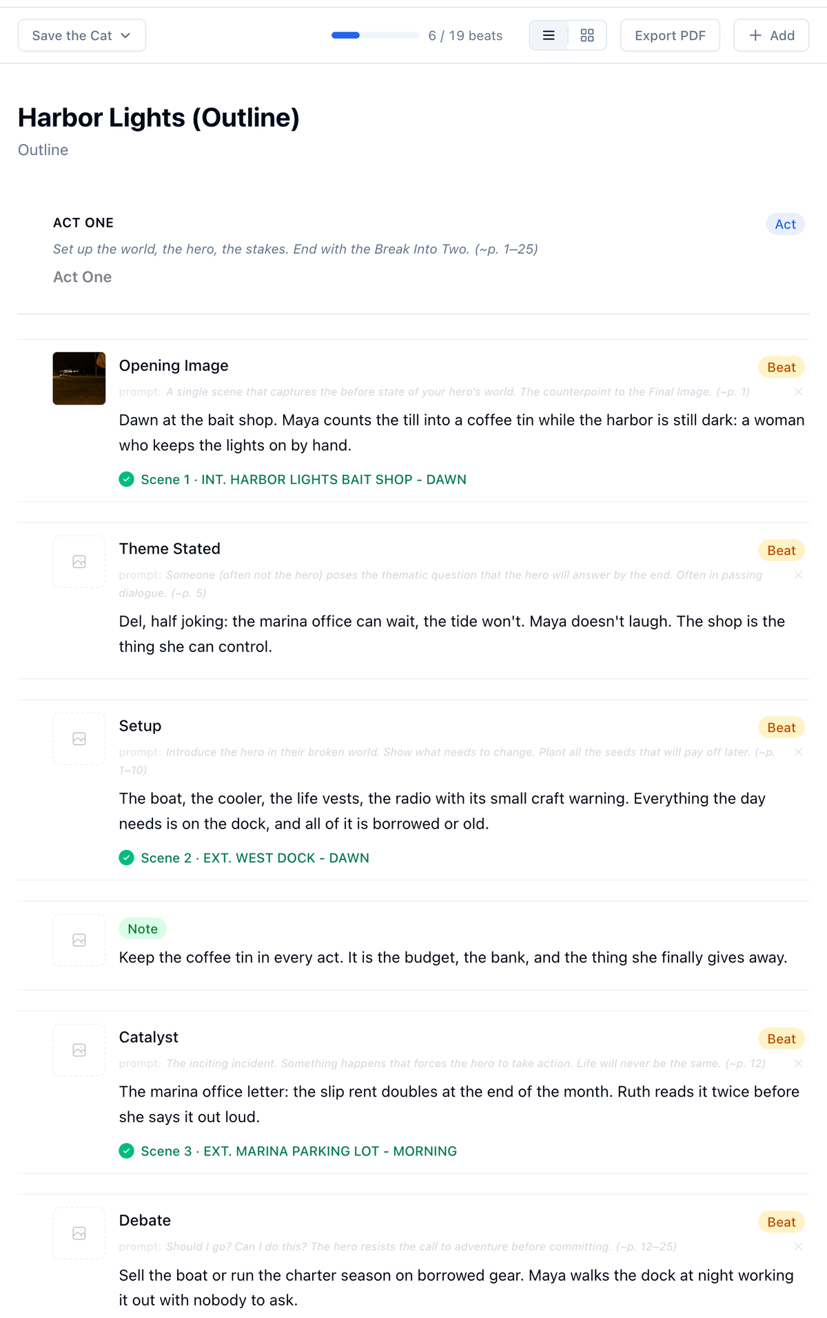 The outline as a list: Act One, then Opening Image, Theme Stated, Setup, a note, Catalyst, and Debate, with written beats and a progress bar reading 6 of 19 beats