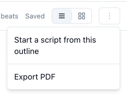 The outline's More actions menu: Start a script from this outline, and Export PDF