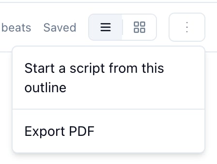 The outline's More actions menu: Start a script from this outline, and Export PDF