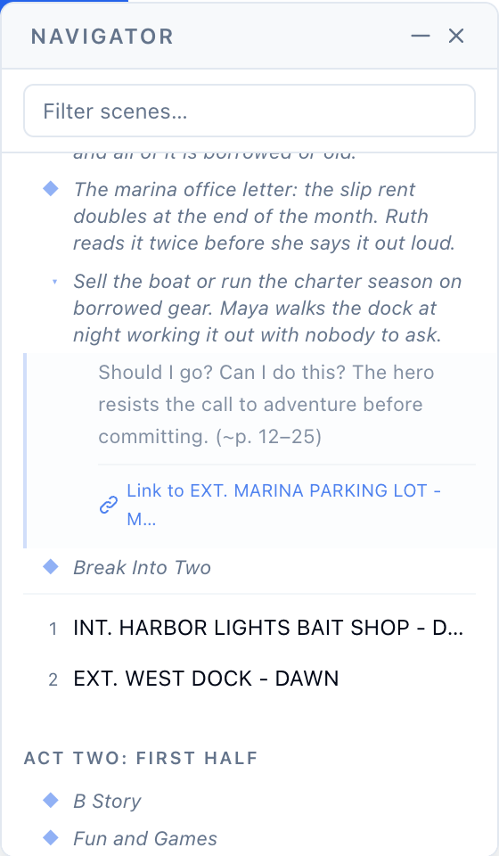 The navigator panel with the Debate beat expanded: its prompt, then a Link to EXT. MARINA PARKING LOT button