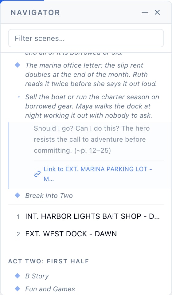 The navigator panel with the Debate beat expanded: its prompt, then a Link to EXT. MARINA PARKING LOT button