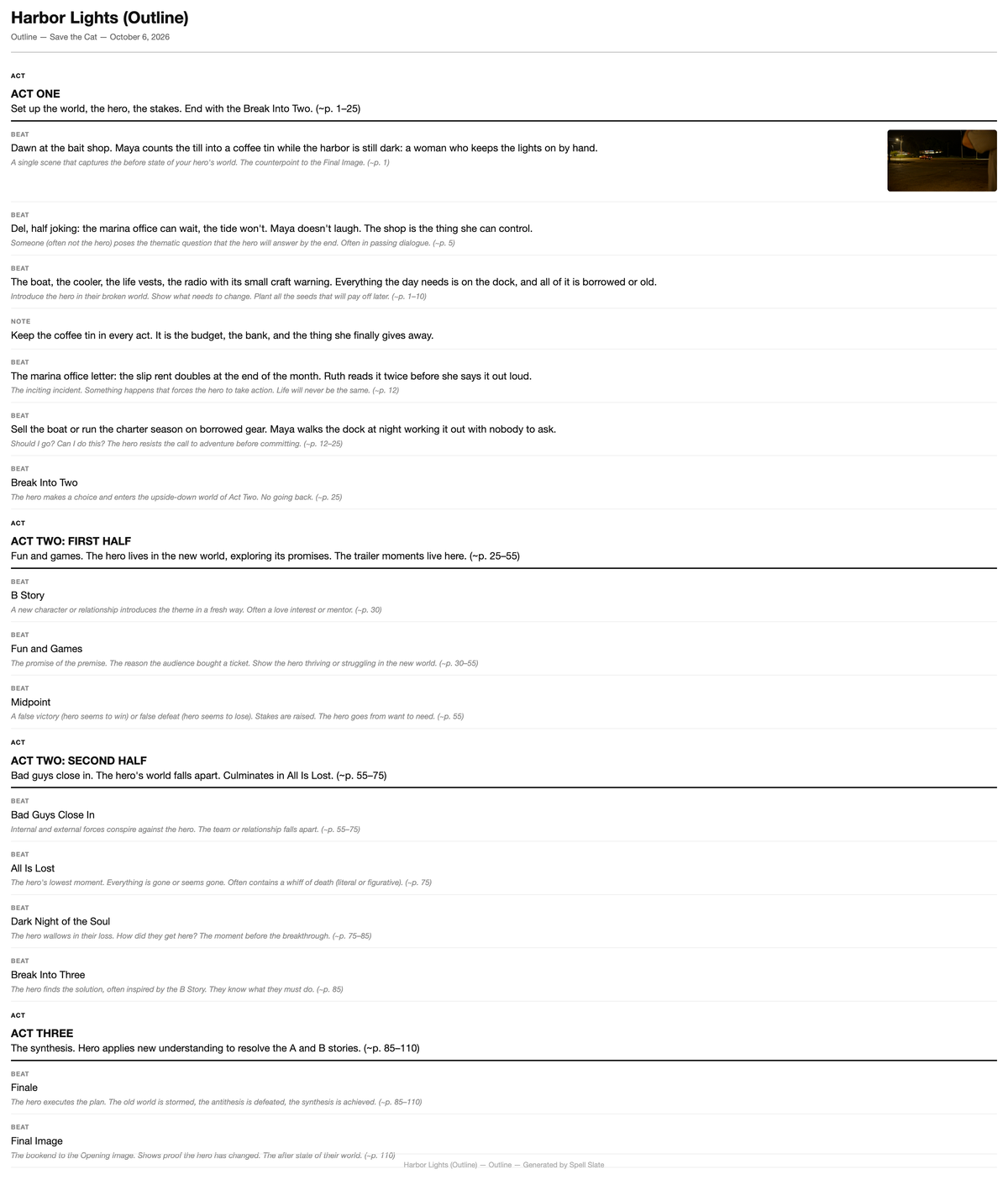The outline PDF: title, structure and date, then acts, beats with their prompts, a note, and the beat image