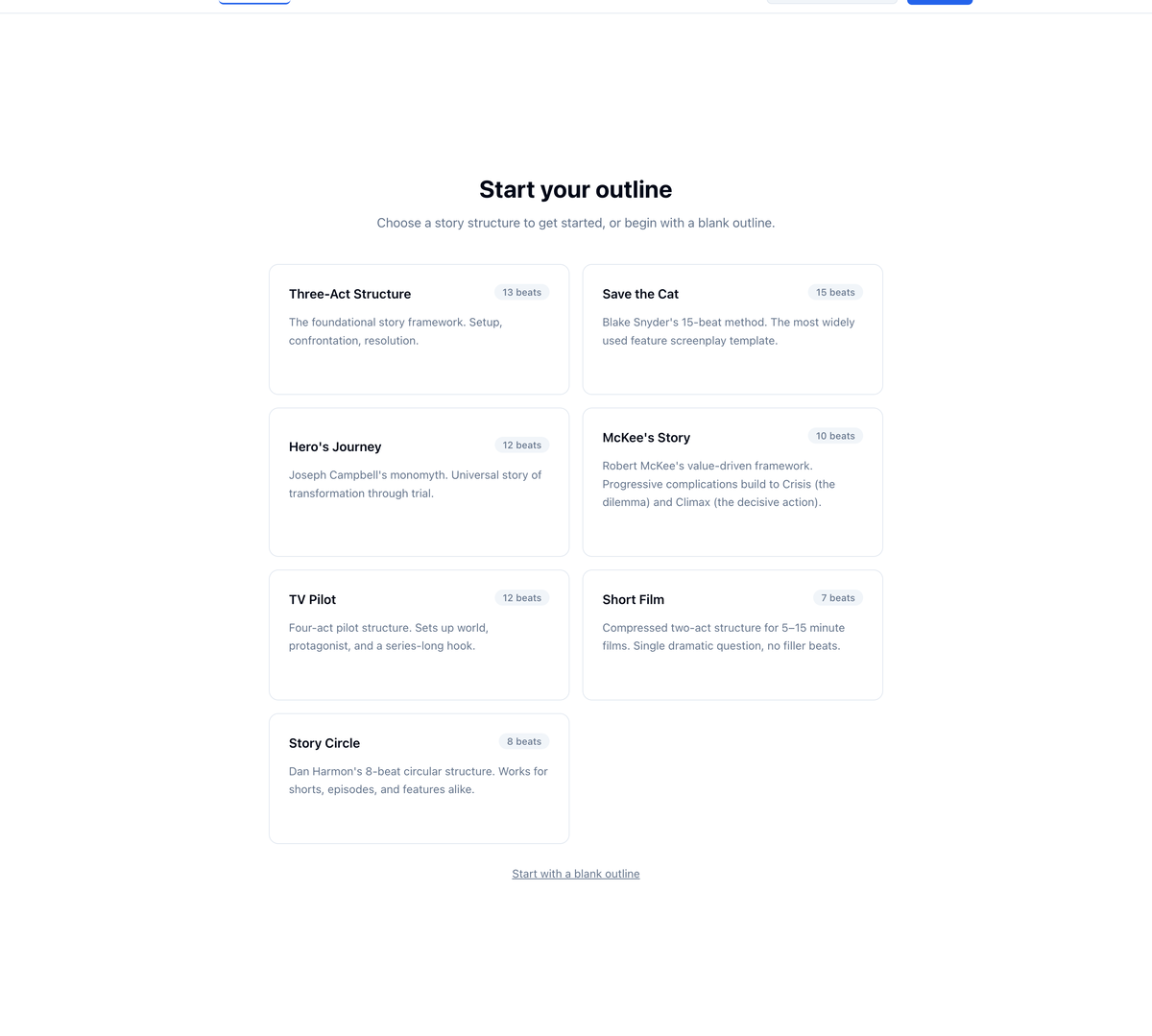 Start your outline: seven structure cards with their beat counts, and a Start with a blank outline link