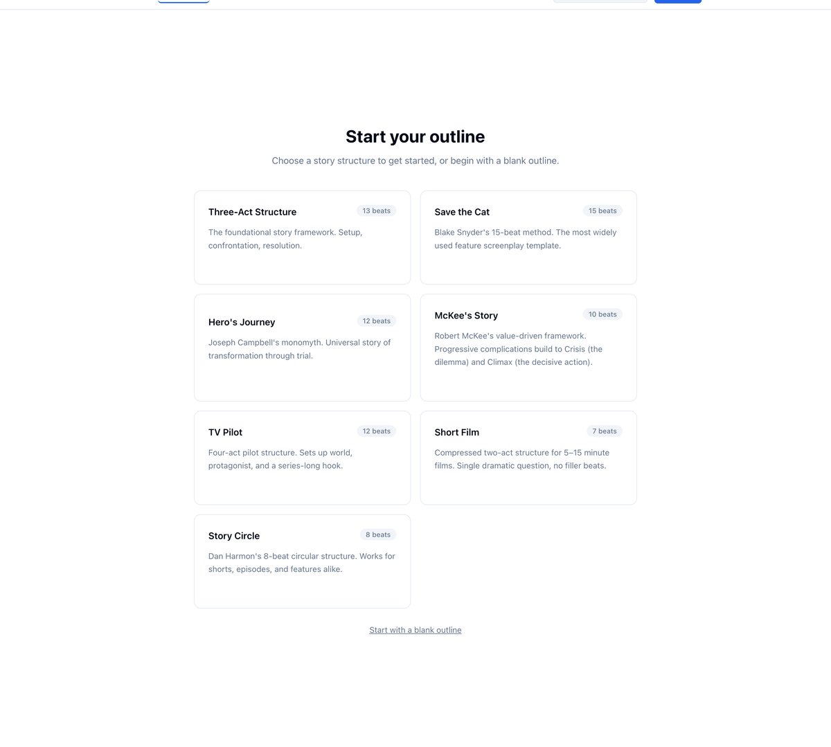 Start your outline: seven structure cards with their beat counts, and a Start with a blank outline link