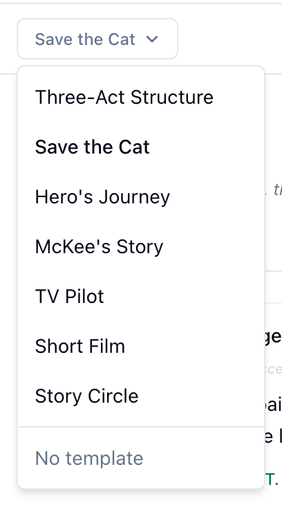 The template menu open under Save the Cat, listing the seven structures and No template
