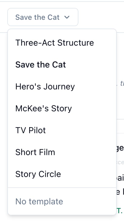 The template menu open under Save the Cat, listing the seven structures and No template