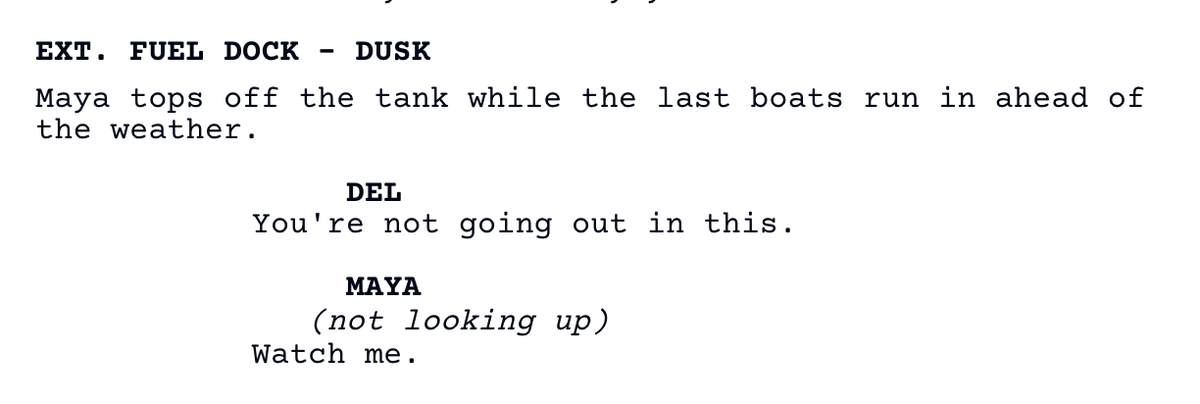 A pasted scene in the editor: a scene heading, action, two character cues, a parenthetical, and dialogue