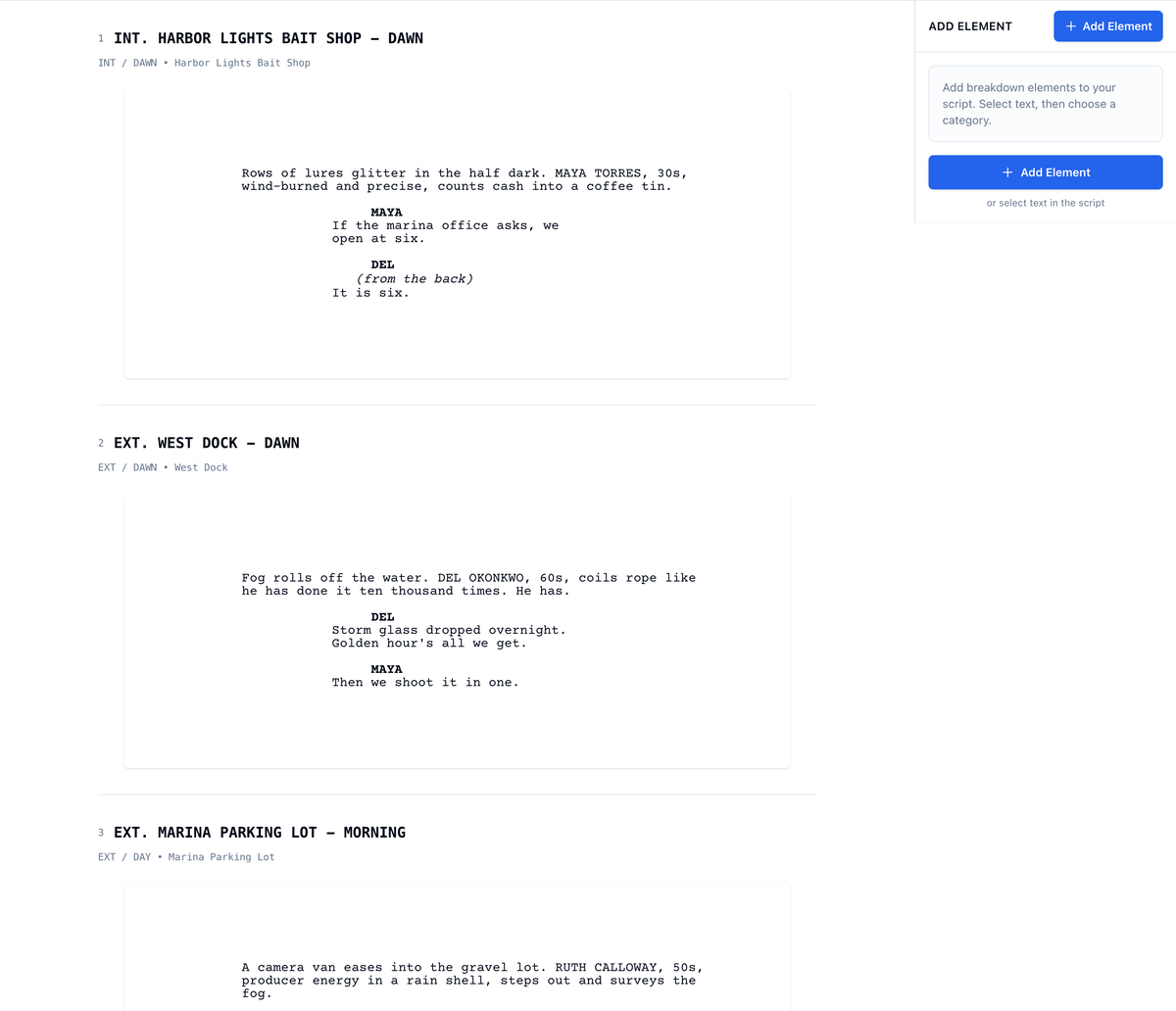 The read view: numbered scenes with their pages, and the Add Element panel on the right