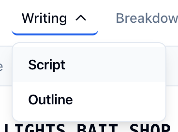 The Writing menu in the project nav: Script and Outline